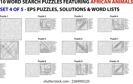 A set of 10 scalable word search puzzles featuring African animals for kids, adults and seniors. For web use or compilation into a standard or large print paperback activity book.