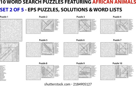 A set of 10 scalable word search puzzles featuring African animals for kids, adults and seniors. For web use or compilation into a standard or large print paperback activity book.