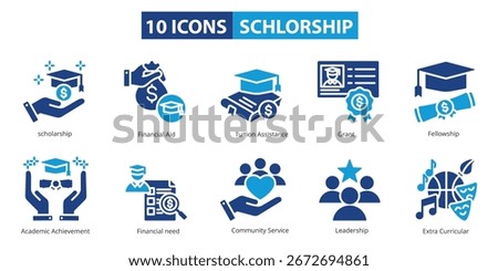 Set of 10 scholarship icons including financial aid, tuition assistance, grant, fellowship, academic achievement, financial need, community service, leadership, and extracurricular activities