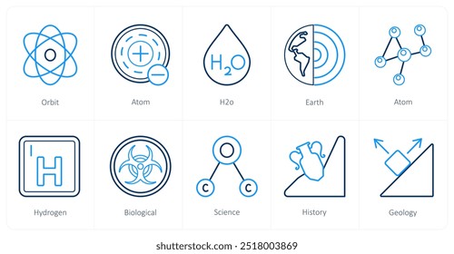A set of 10 Science and Experiment icons as orbit, atom, h2o,