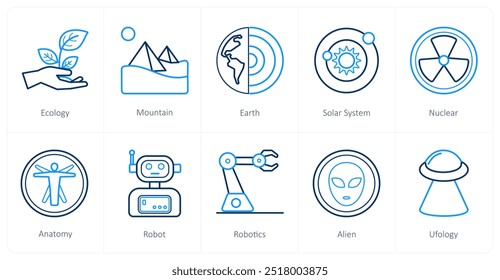 A set of 10 Science and Experiment icons as ecology, mountain, earth