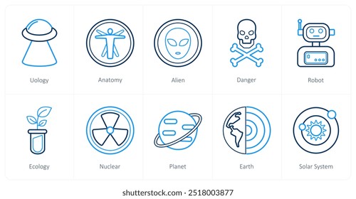 A set of 10 Science and Experiment icons as ufology, anatomy, alein