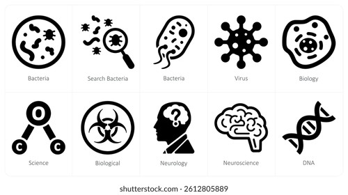 A set of 10 Science and Experiment icons as bacteria, search bacteria, virus