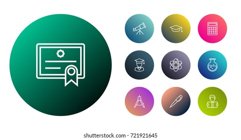 Set Of 10 Science Outline Icons Set.Collection Of Graduation Cap, Graduated, Pen And Other Elements.
