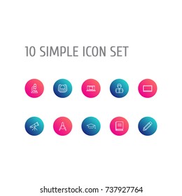 Set Of 10 Science Outline Icons Set.Collection Of Compass, Telescope, Encyclopedia And Other Elements.