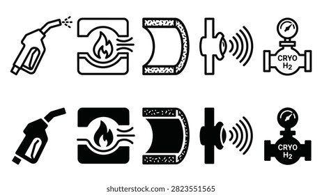 Set of 10 scramjet combustor icons showing fuel nozzle, combustion flame cavity, ceramic barrier, hydrogen valve vector