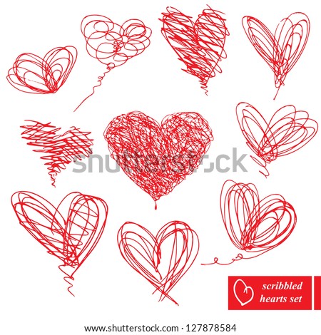 Set of 10 scribbled hand-drawn sketch hearts for Valentines Day design