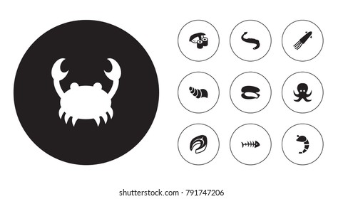 Set Of 10 Seafood Icons Set.Collection Of Sink, Beefsteak, Japanese Roll And Other Elements.