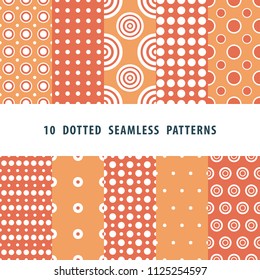 Set of 10 seamless abstract vector geometric patterns. Orange and white dotted patterns. Symmetrical layout. Gift wrapping paper. Bed sheets and interior.