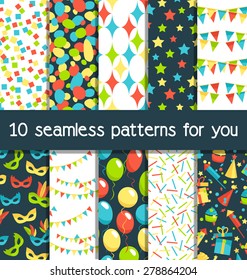 Set of 10 seamless bright fun celebration festive abstract patterns