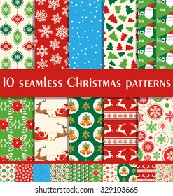 Set of 10 Seamless Bright Fun Christmas Patterns