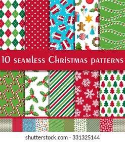 Set Of 10 Seamless Bright Fun Christmas Patterns