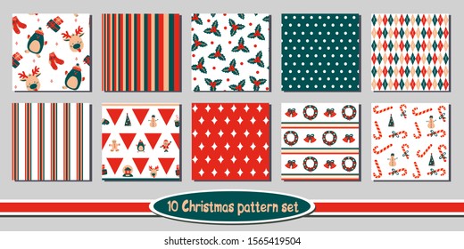 Set of 10 seamless Christmas vector patterns - includes funny bright backgrounds with cute holiday characters, symbols of winter and new year, floral elements, stripes, plaid, argyle, polka dots