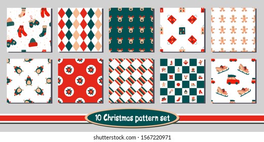 Set of 10 seamless Christmas vector patterns - includes funny bright backgrounds with cute holiday characters, symbols of winter and new year, floral elements, checkered, plaid, argyle, circles.