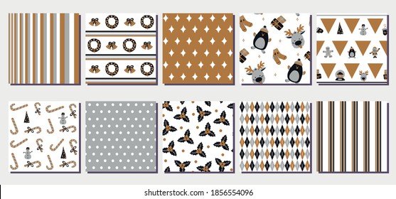 Set of 10 seamless Christmas vector patterns - includes funny backgrounds with cute holiday characters, symbols of winter and New Year, floral elements, stripes, triangles, borders