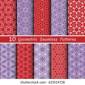 Set of 10 seamless geometric line patterns. Colorful linear backgrounds collection. Endless repeating lace texture for wallpaper, packaging, banners, invitations, business cards, fabric print