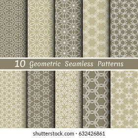 Set of 10 seamless geometric line patterns in arabian style, ethnic ornament. Hexagonal endless lace texture for wallpaper, banners, invitation cards. Graphic seamless backgrounds collection