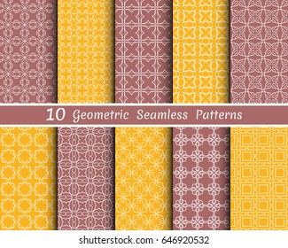 Set of 10 seamless geometric line patterns. Endless linear trendy graphic texture for wallpaper, packaging, pattern fill, invitation, card, banner, flyer, fabric. Brown and yellow seamless backgrounds