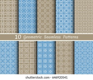 Set of 10 seamless geometric line patterns. Endless linear trendy graphic texture for wallpaper, packaging, pattern fill, invitation, card, banner, flyer, fabric. Brown and blue seamless backgrounds