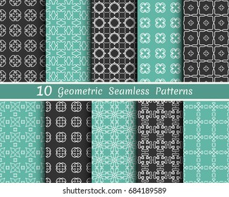 Set of 10 seamless geometric line patterns. Graphic linear backgrounds collection. Endless repeating lace texture for wallpaper, packaging, banners, invitations, business cards, fabric print