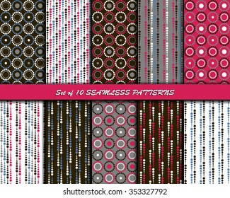 Set of 10 seamless geometric patterns. Vector backgrounds with dots. For the convenience of editing patterns separated into different layers.