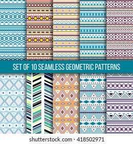 Set of 10 seamless geometric patterns with ethnic, tribal and boho style ornament elements.
Vector.