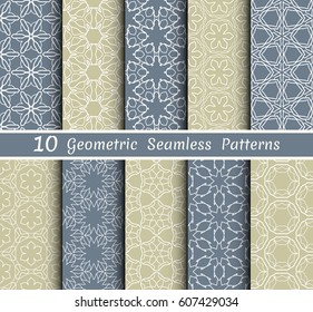 Set of 10 seamless geometric patterns. Blue, brown and white line backgrounds collection.. Endless repeating linear texture for wallpaper, packaging, banners, invitations, business cards, fabric print