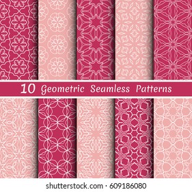 Set of 10 seamless geometric patterns. Pink magenta and white line backgrounds collection. Endless repeating linear texture for wallpaper, packaging, banners, invitations, business cards, fabric print