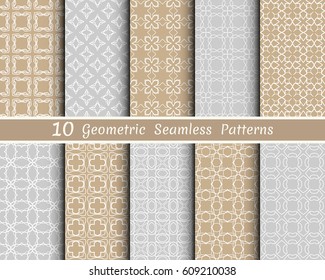 Set of 10 seamless geometric patterns. Brown, gray and white line backgrounds collection. Endless repeating linear texture for wallpaper, packaging, banners, invitations, business cards, fabric print