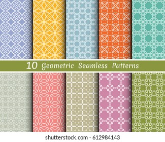 Set of 10 seamless geometric patterns. Colorful line backgrounds collection. Endless repeating linear texture for wallpaper, packaging, banners, invitations, business cards, fabric print