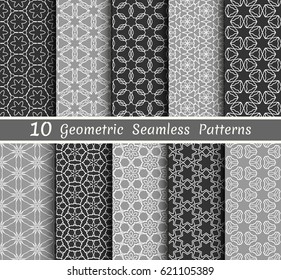 Set of 10 seamless geometric patterns. Black, gray and white line backgrounds collection. Endless repeating linear texture for wallpaper, packaging, banners, invitations, business cards, fabric print