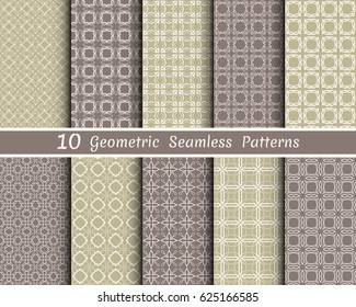 Set of 10 seamless geometric patterns. Monochrome colors line backgrounds collection. Endless repeating linear texture for wallpaper, packaging, banners, invitations, business cards, fabric print