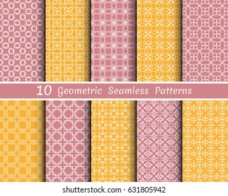 Set of 10 seamless geometric patterns. Monochrome colors line backgrounds collection. Endless repeating linear texture for wallpaper, packaging, banners, invitations, business cards, fabric print