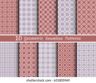 Set of 10 seamless geometric patterns. Monochrome colors line backgrounds collection. Endless repeating linear texture for wallpaper, packaging, banners, invitations, business cards, fabric print