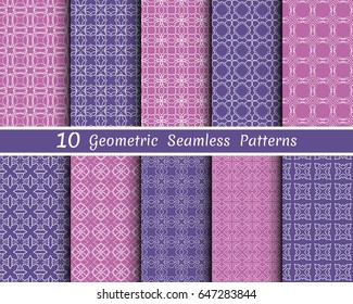 Set of 10 seamless geometric patterns. Monochrome colors line backgrounds collection. Endless repeating linear texture for wallpaper, packaging, banners, invitations, business cards, fabric print