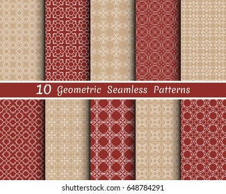 Set of 10 seamless geometric patterns. Monochrome colors line backgrounds collection. Endless repeating linear texture for wallpaper, packaging, banners, invitations, business cards, fabric print