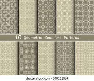 Set of 10 seamless geometric patterns. Monochrome colors line backgrounds collection. Endless repeating linear texture for wallpaper, packaging, banners, invitations, business cards, fabric print