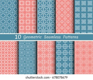 Set of 10 seamless geometric patterns. Monochrome colors line backgrounds collection. Endless repeating linear texture for wallpaper, packaging, banners, invitations, business cards, fabric print