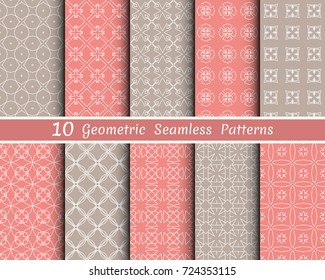 Set of 10 seamless geometric patterns. Yellow and purple line backgrounds collection. Endless repeating linear texture for wallpaper, packaging, banners, invitations, business cards, fabric print