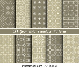 Set of 10 seamless geometric patterns. Yellow and purple line backgrounds collection. Endless repeating linear texture for wallpaper, packaging, banners, invitations, business cards, fabric print
