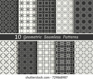 Set of 10 seamless geometric patterns. Black and white line backgrounds collection. Endless repeating linear texture for wallpaper, packaging, banners, invitations, business cards, fabric print