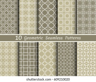Set of 10 seamless geometric patterns.Golden brown and white line backgrounds collection. Endless repeating linear texture for wallpaper, packaging, banners, invitations, business cards, fabric print