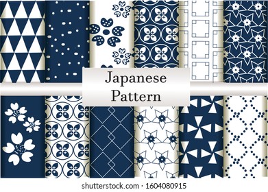 Set of 10 seamless pattern in japanese style. Blue and white japanese traditional vector art
