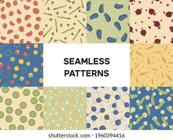 Set of 10 seamless pattern with vegetables repeat motif. Textile print or wallpaper collection