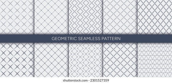 Set of  10 seamless patterns with grey dotted dash line with square rhombus on white background. Vintage style repaet backdrop design for print.