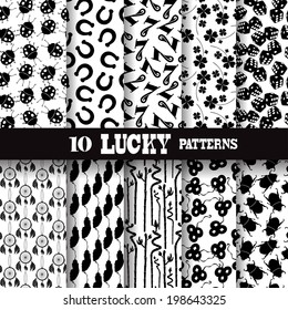 Set of 10 seamless patterns with symbols of luck, clovers, dream catchers, ladybugs, scarabs, horseshoes, bamboos. Patterns for invitations, greeting cards, scrapbooking, print, gift wrap