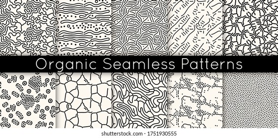 Set of 10 seamless vector abstract pattern with lines and dots in monochrome. Background of repeatable organic rounded shapes inspired by nature, natural maze texture.