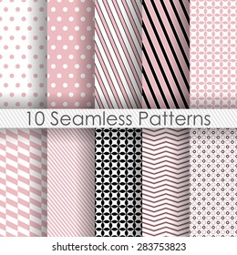 set of 10 Seamless vector backgounds, simple geometric patterns, pink gray and white texture