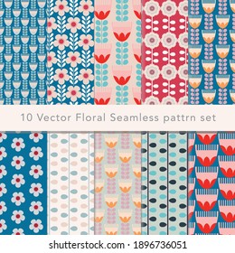 Set of 10 seamless vector floral patterns in vibrant and muted colours. Appropriate for any paper or fabric print project.