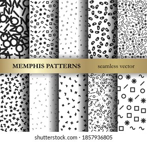 Set of 10 seamless vector Memphis patterns. Stylish retro geometric elements backgrounds for fabric, textile, design, cover, wrapping etc. 10 eps black and white design.
